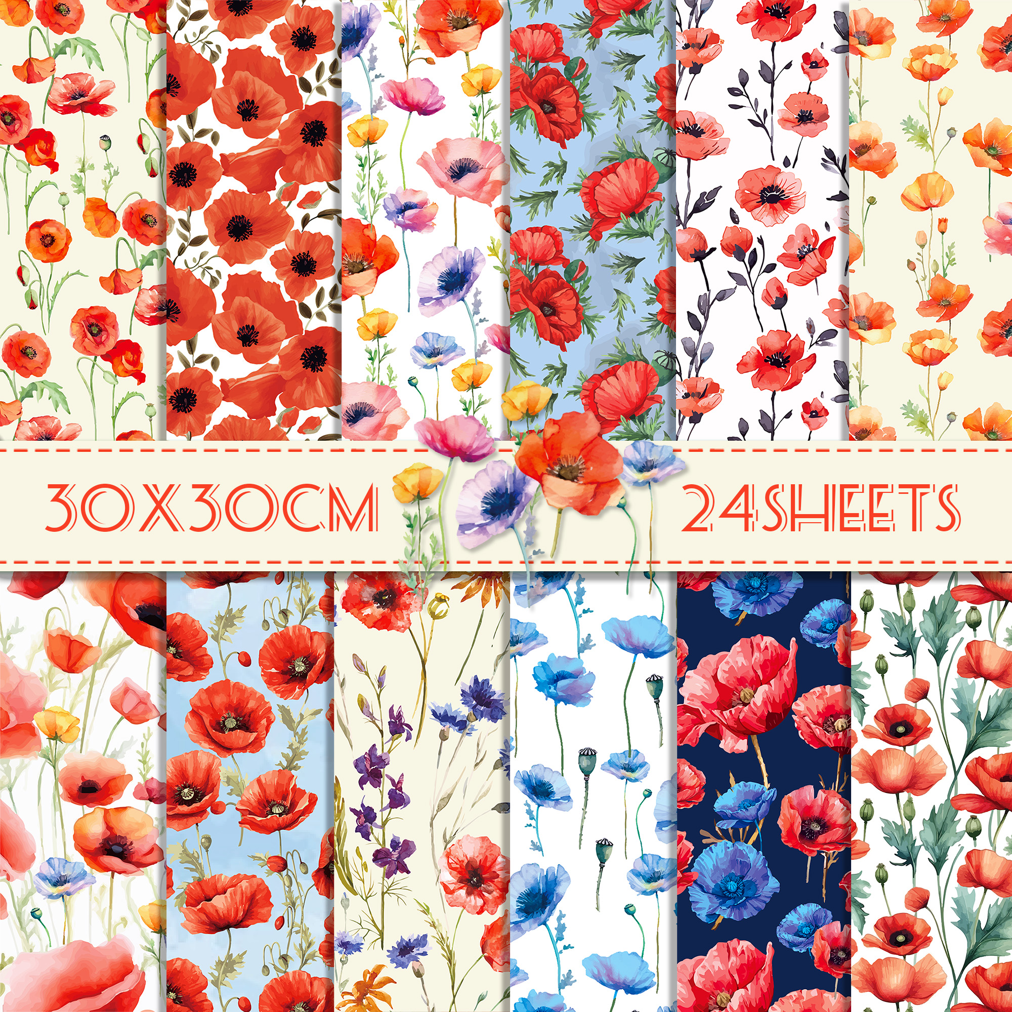 Art And Craft Photos - 24pcs 30*30cm Poppy Red Flowers Scrapbook